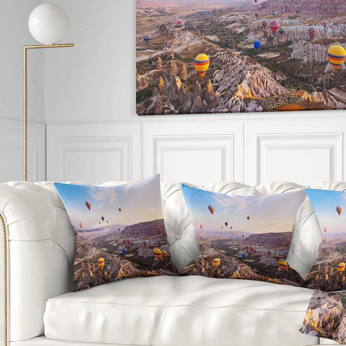 Designart Hot Air Balloon Flying - Photography Throw Pillow - 16x16