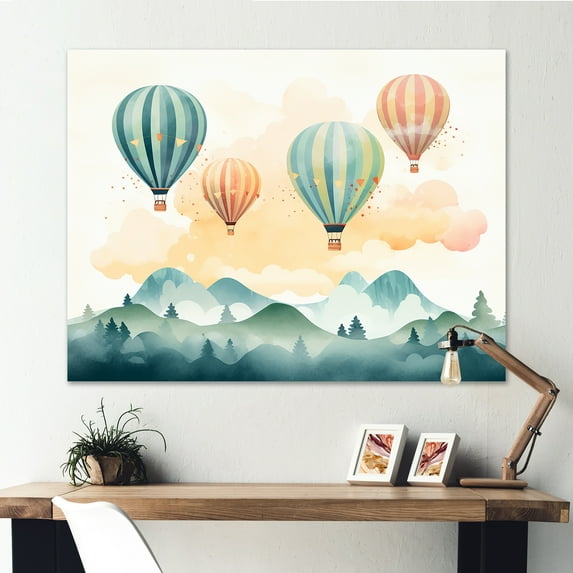 Designart "Hot Air Balloon Harmony Green and Red Watercolor IV" Extra Large Transportation Wall Art - Modern Green Hot Air Balloon Entryway Wall Art Print