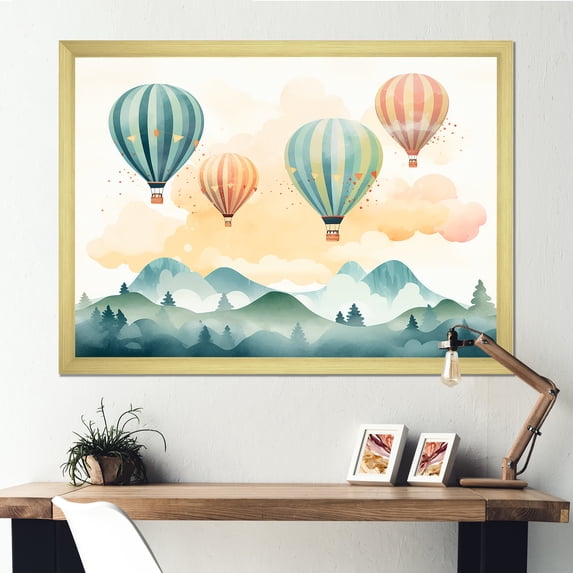 Designart "Hot Air Balloon Harmony Green and Red Watercolor IV" Transportation Framed Wall Art Decor - Modern Green Hot Air Balloon Bedroom Framed Canvas Wall Art