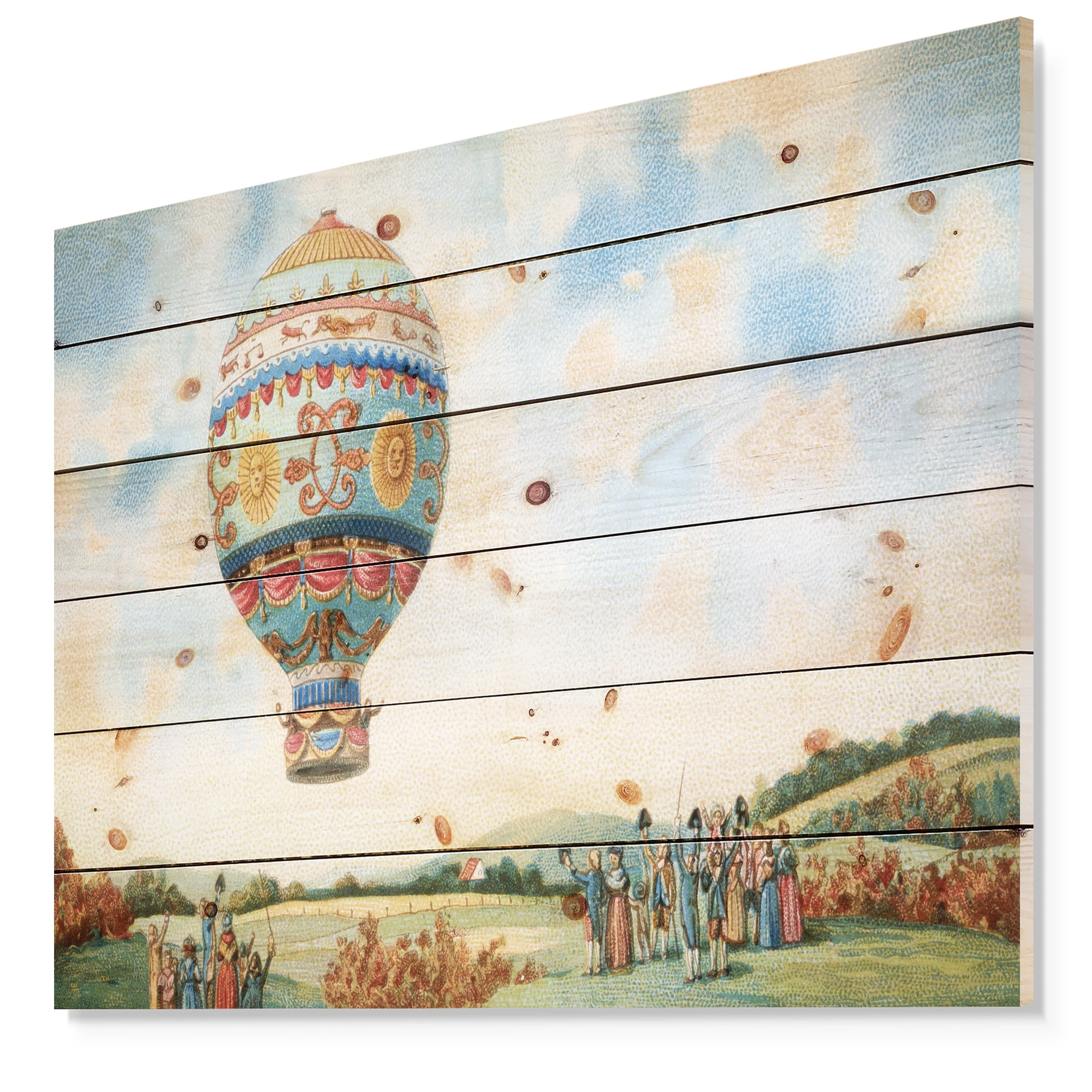 Designart 'Hot Air Balloon Illustration' Abstract Print on Natural Pine Wood