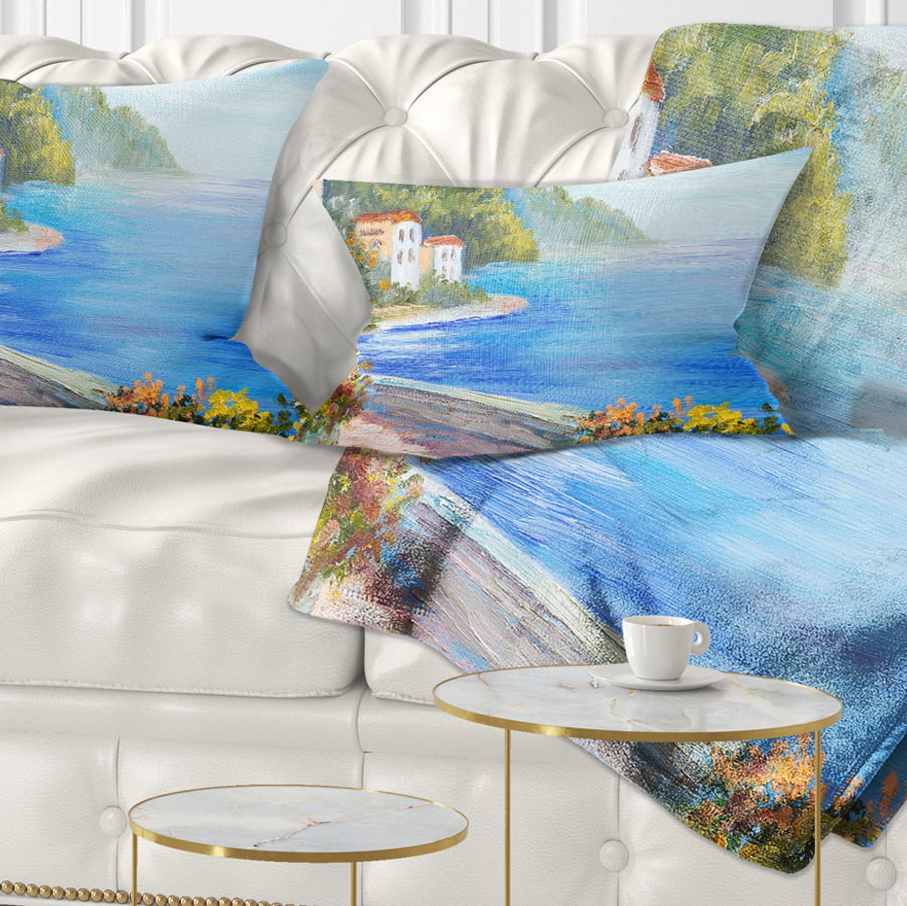 Designart House Near Blue Sea - Landscape Printed Throw Pillow - 12x20