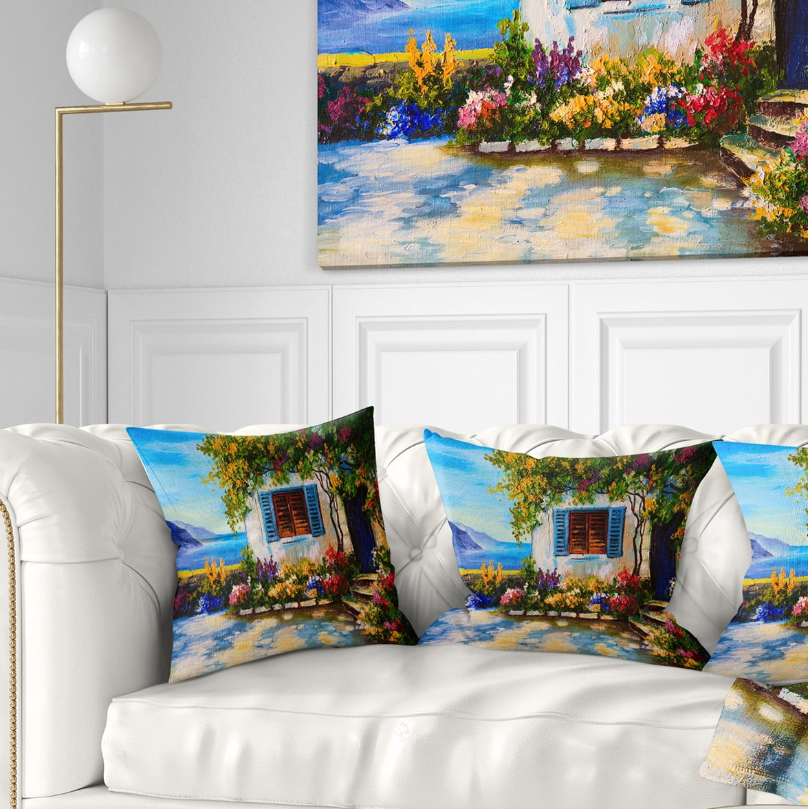 Designart House Near Sea Oil Painting - Landscape Painting Throw Pillow - 18x18