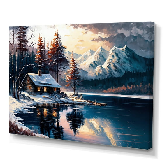 Designart House On The Lake In Winter Canvas Wall Art