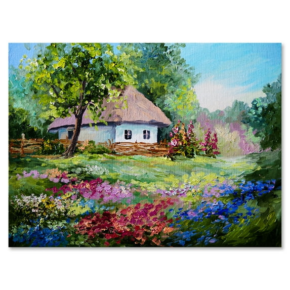 Designart ' House With Blossoming Flowers On The Mountain I ' Traditional Canvas Wall Art Print