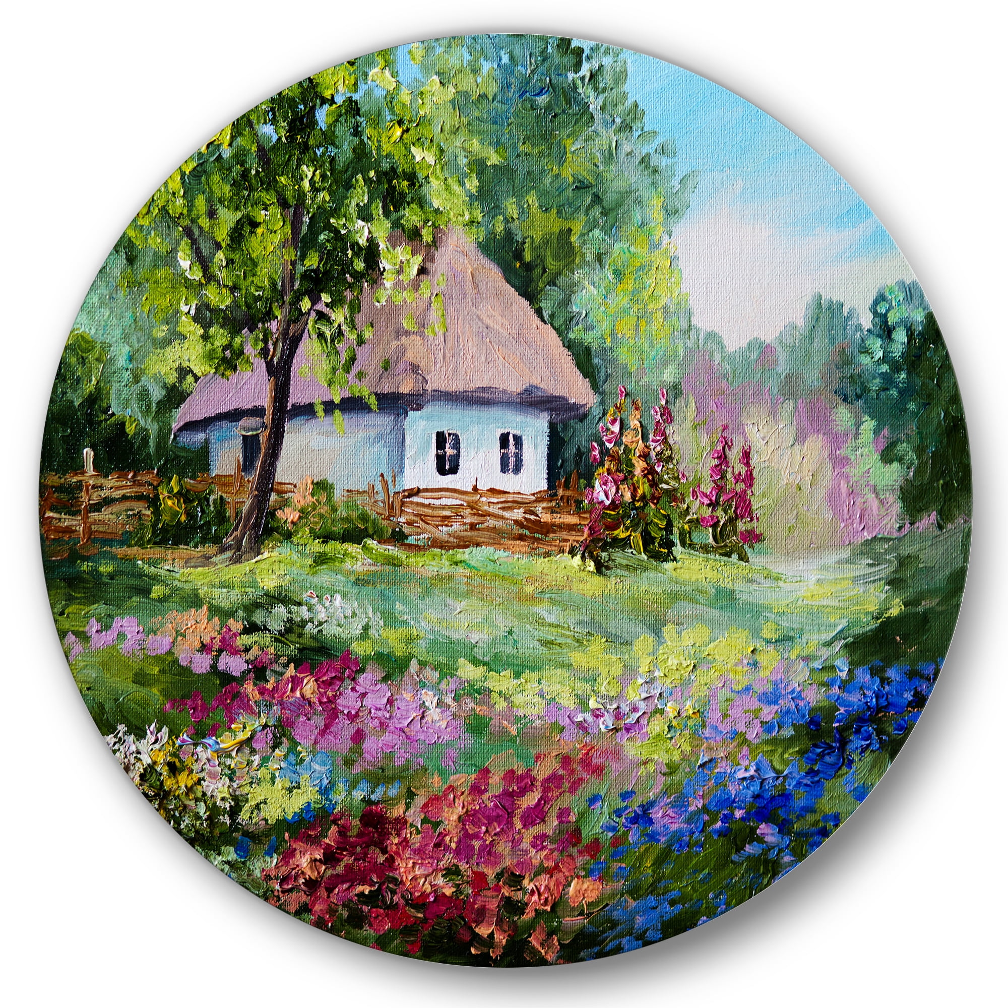 Designart 'House With Blossoming Flowers On The Mountain I' Traditional Circle Metal Wall Art 23x23 - Disc of 23