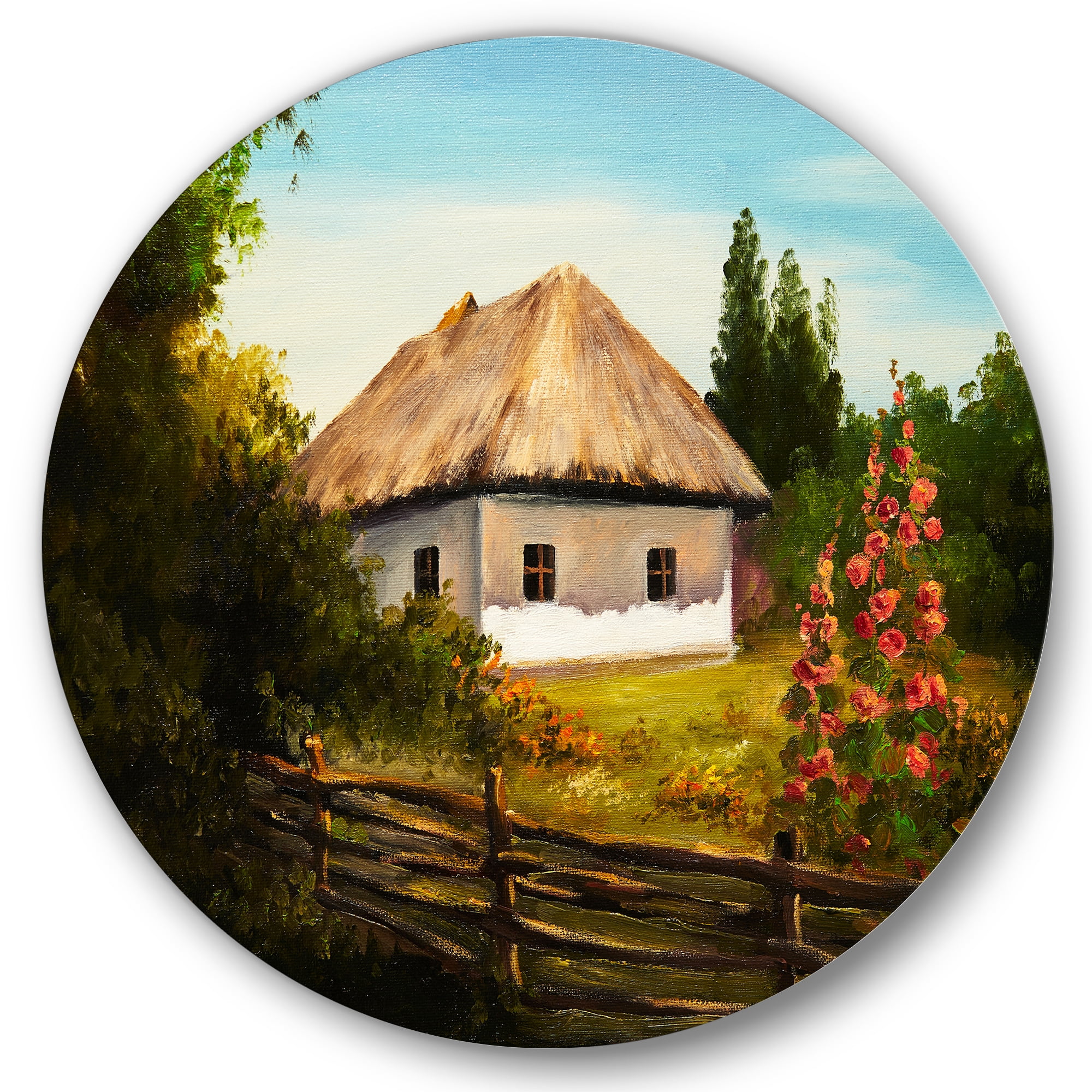 Designart 'House With Blossoming Flowers On The Mountain II' Traditional Circle Metal Wall Art 11x11 - Disc of 11