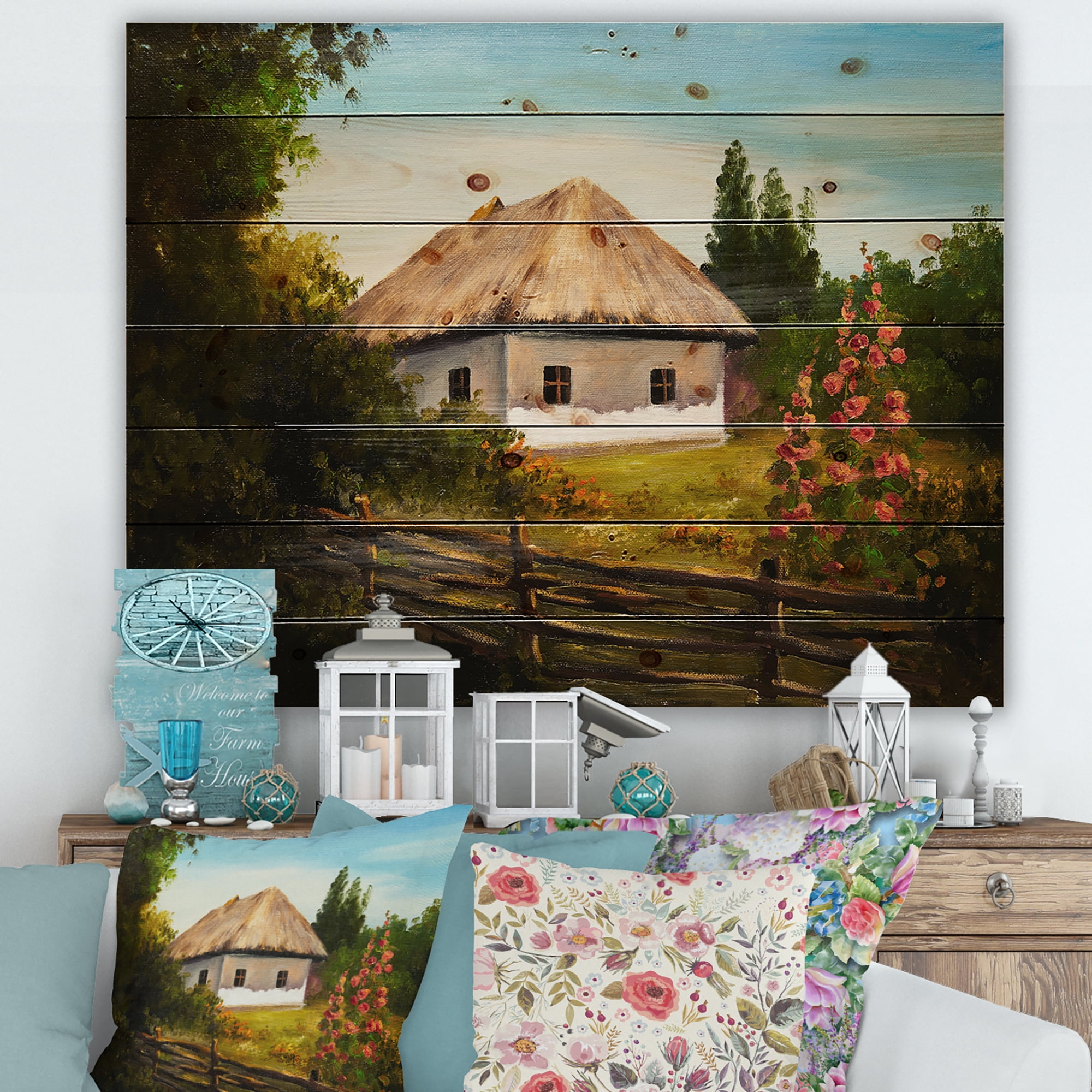 Designart 'House With Blossoming Flowers On The Mountain II' Traditional Print on Natural Pine Wood