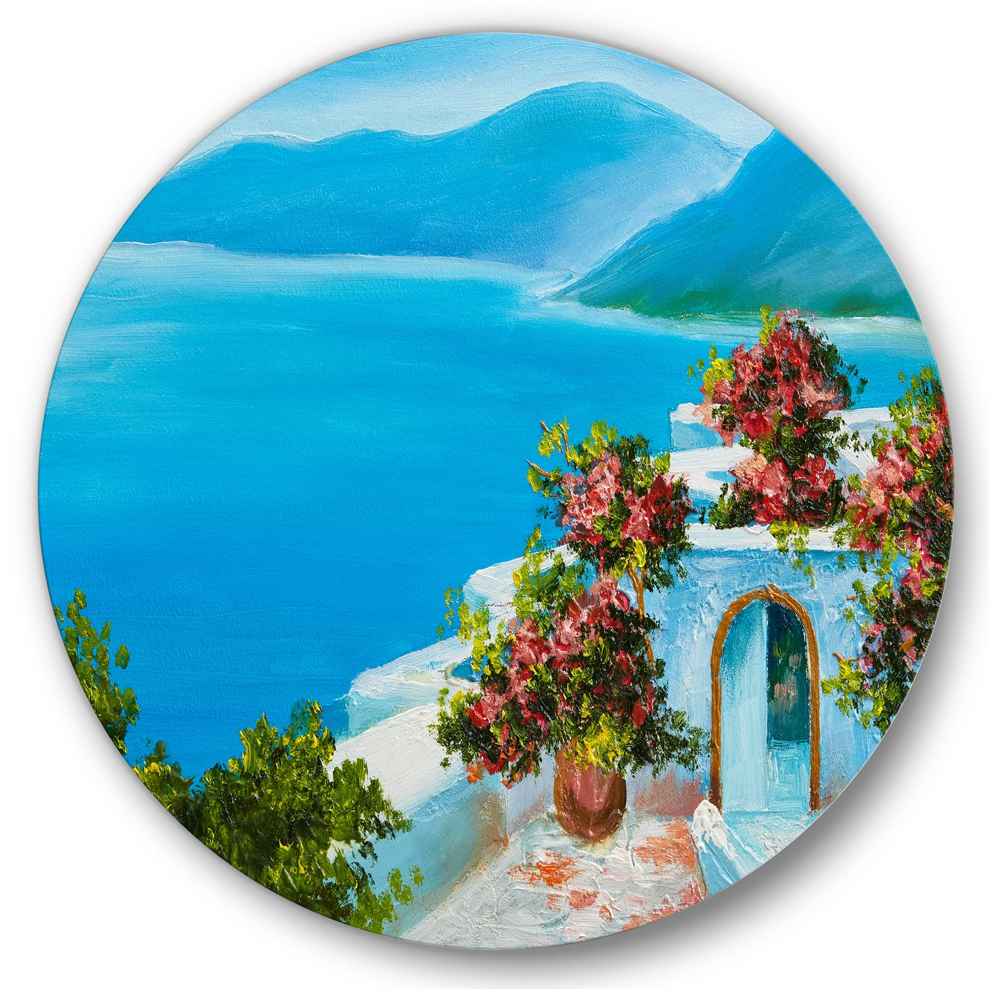 Designart 'House With Colorful Flowers Near The Sea I' Nautical & Coastal Circle Metal Wall Art 29x29 - Disc of 29