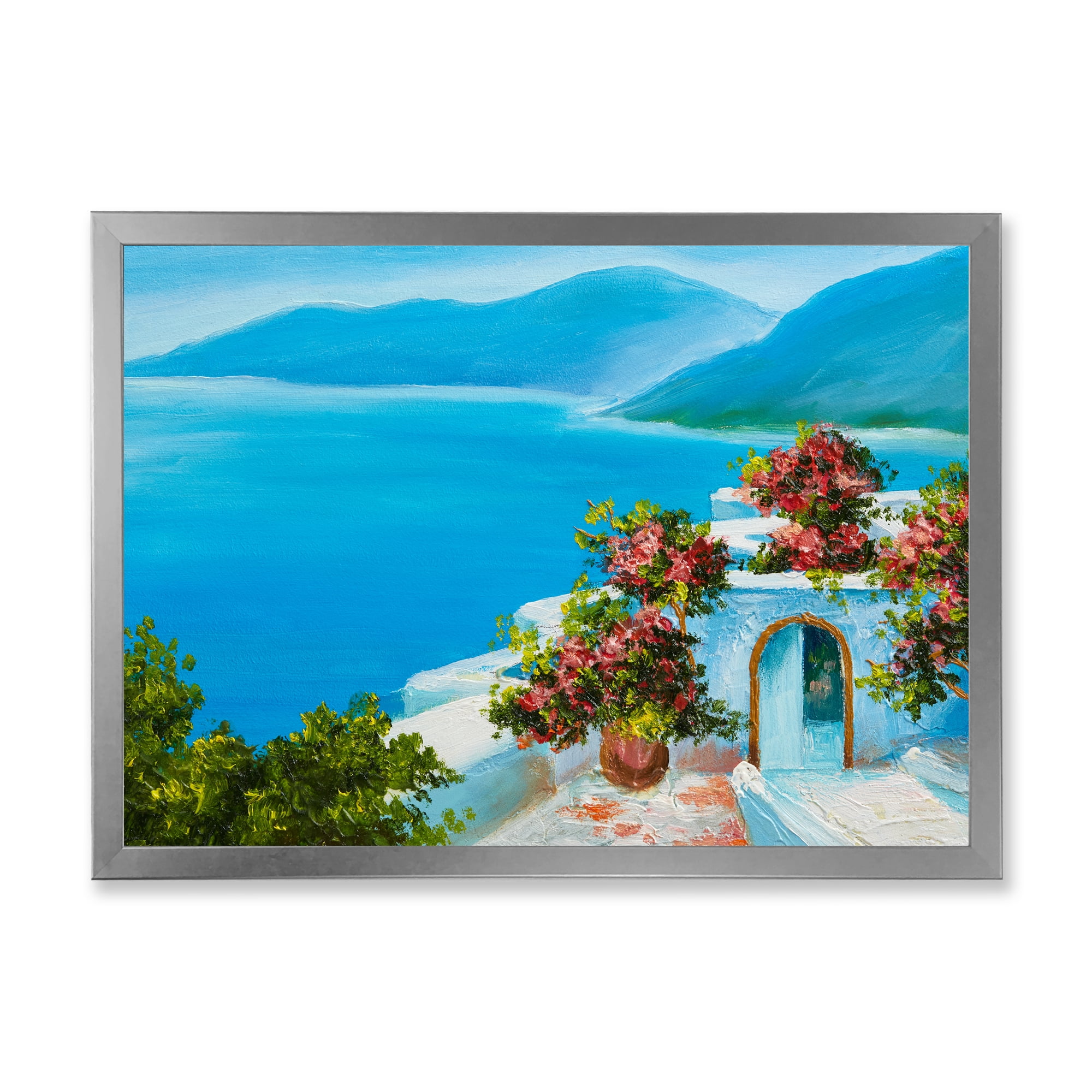 Designart 'House With Colorful Flowers Near The Sea I' Nautical & Coastal Framed Art Print