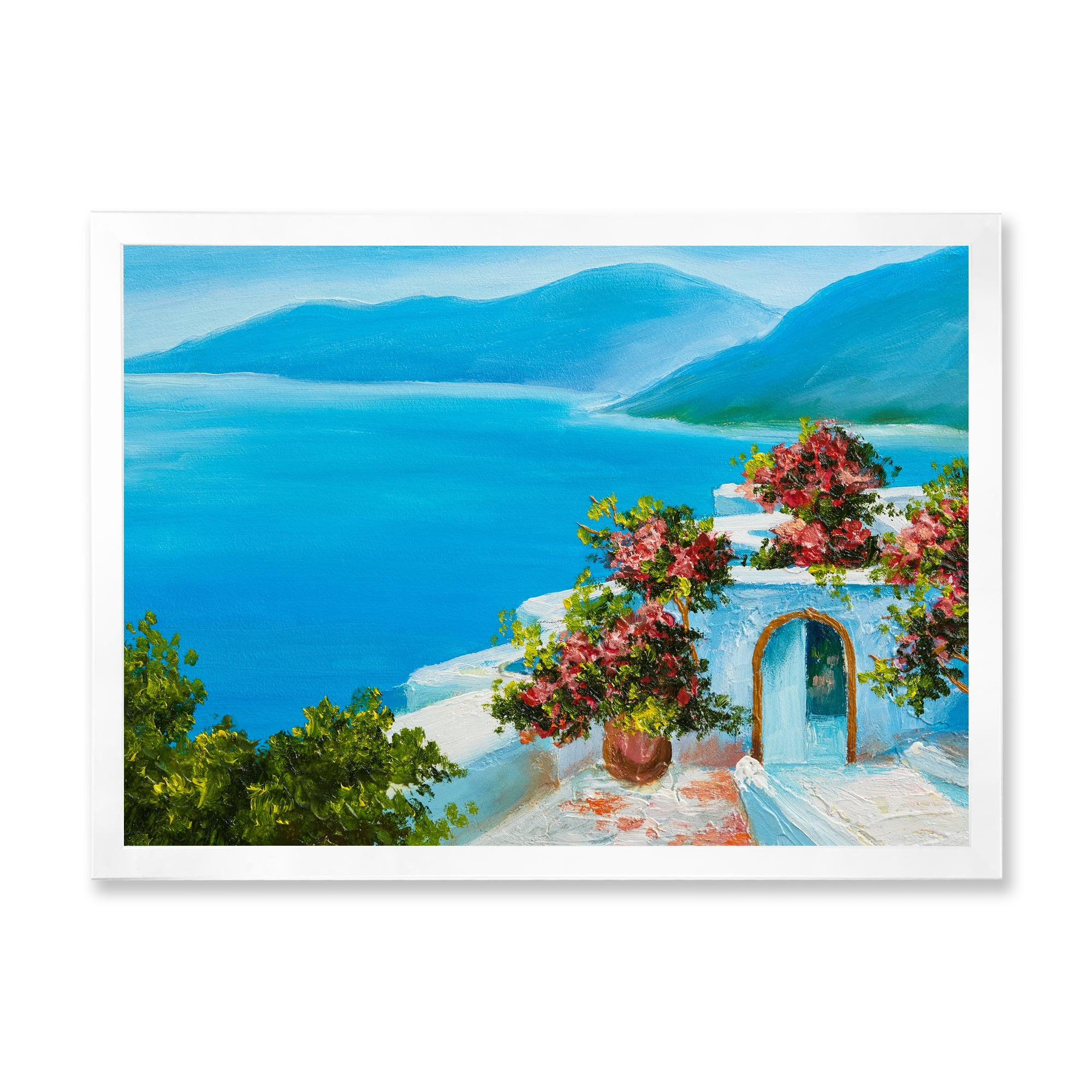 Designart 'House With Colorful Flowers Near The Sea I' Nautical & Coastal Framed Art Print