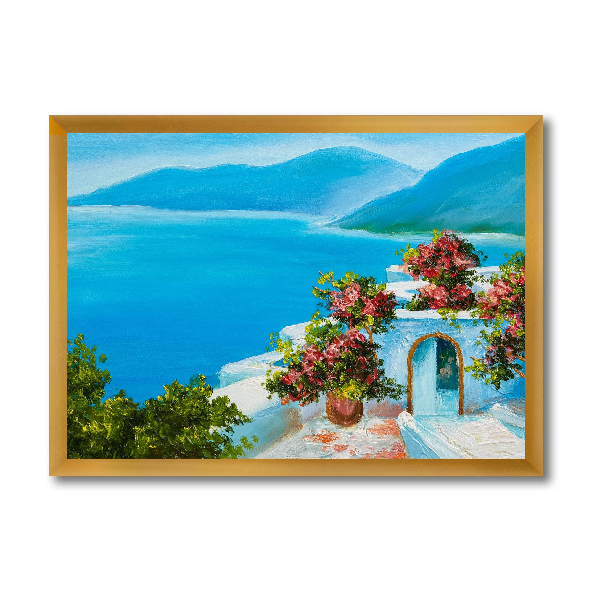 Designart 'House With Colorful Flowers Near The Sea I' Nautical & Coastal Framed Art Print