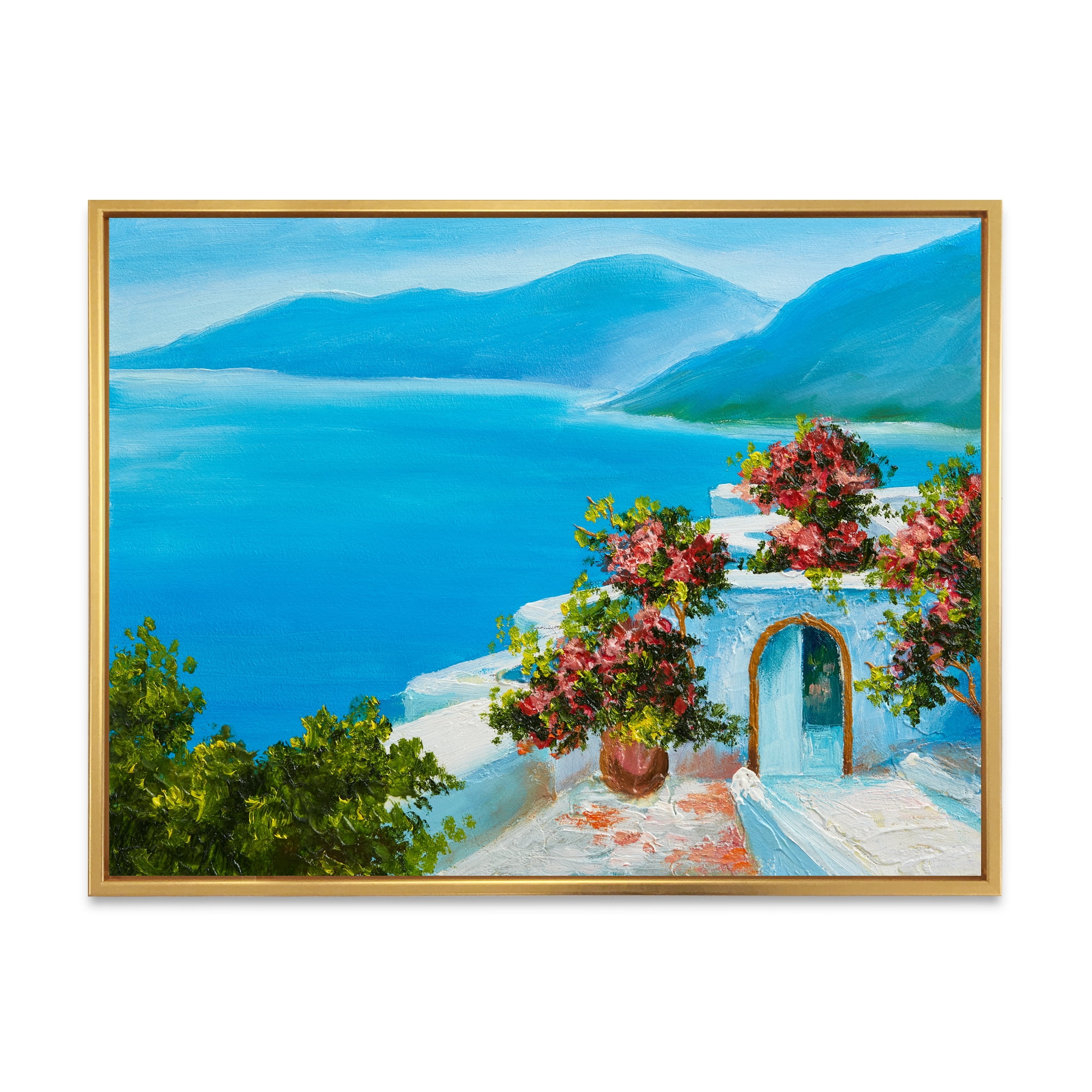 Designart 'House With Colorful Flowers Near The Sea I' Nautical & Coastal Framed Canvas Wall Art Print