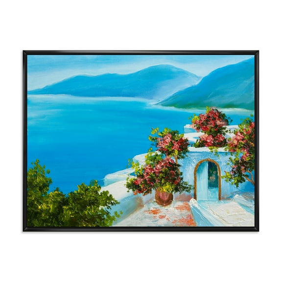 Designart 'House With Colorful Flowers Near The Sea I' Nautical & Coastal Framed Canvas Wall Art Print
