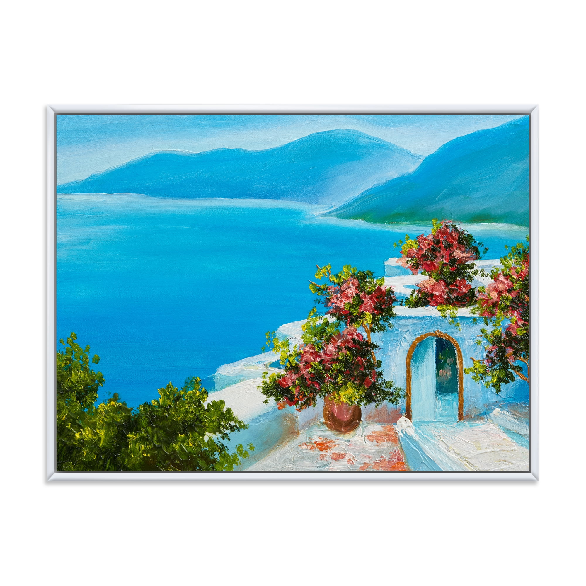 Designart 'House With Colorful Flowers Near The Sea I' Nautical & Coastal Framed Canvas Wall Art Print