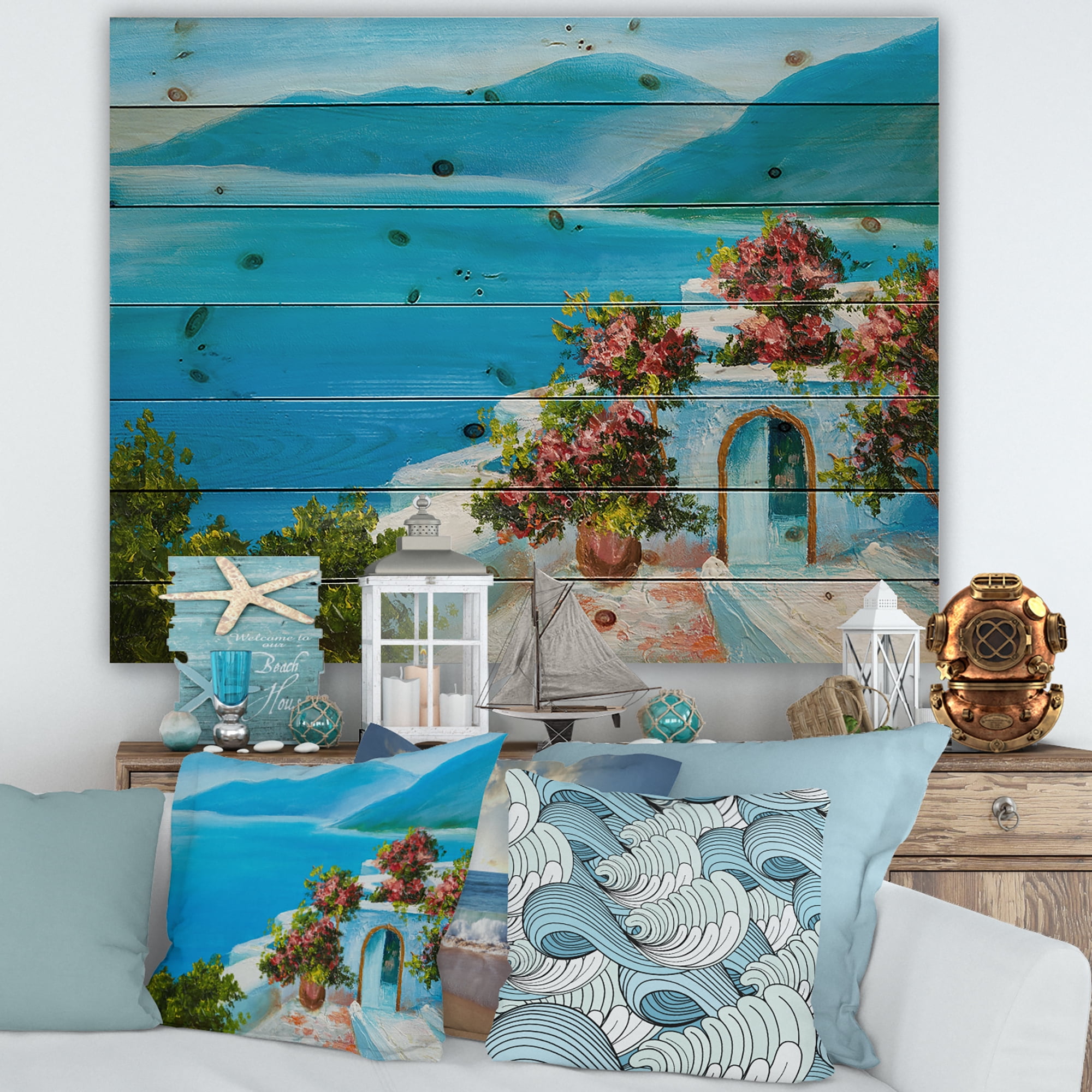 Designart 'House With Colorful Flowers Near The Sea I' Nautical & Coastal Print on Natural Pine Wood