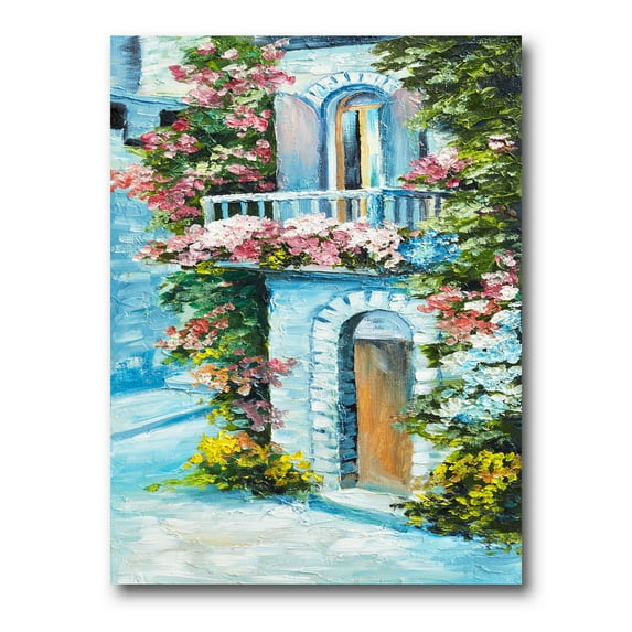 Designart ' House With Colorful Flowers Near The Sea II ' Traditional Canvas Wall Art Print
