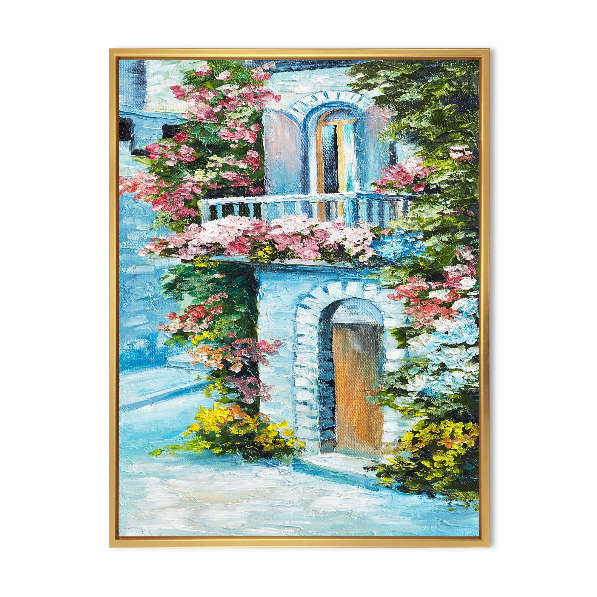 Designart 'House With Colorful Flowers Near The Sea II' Traditional Framed Canvas Wall Art Print
