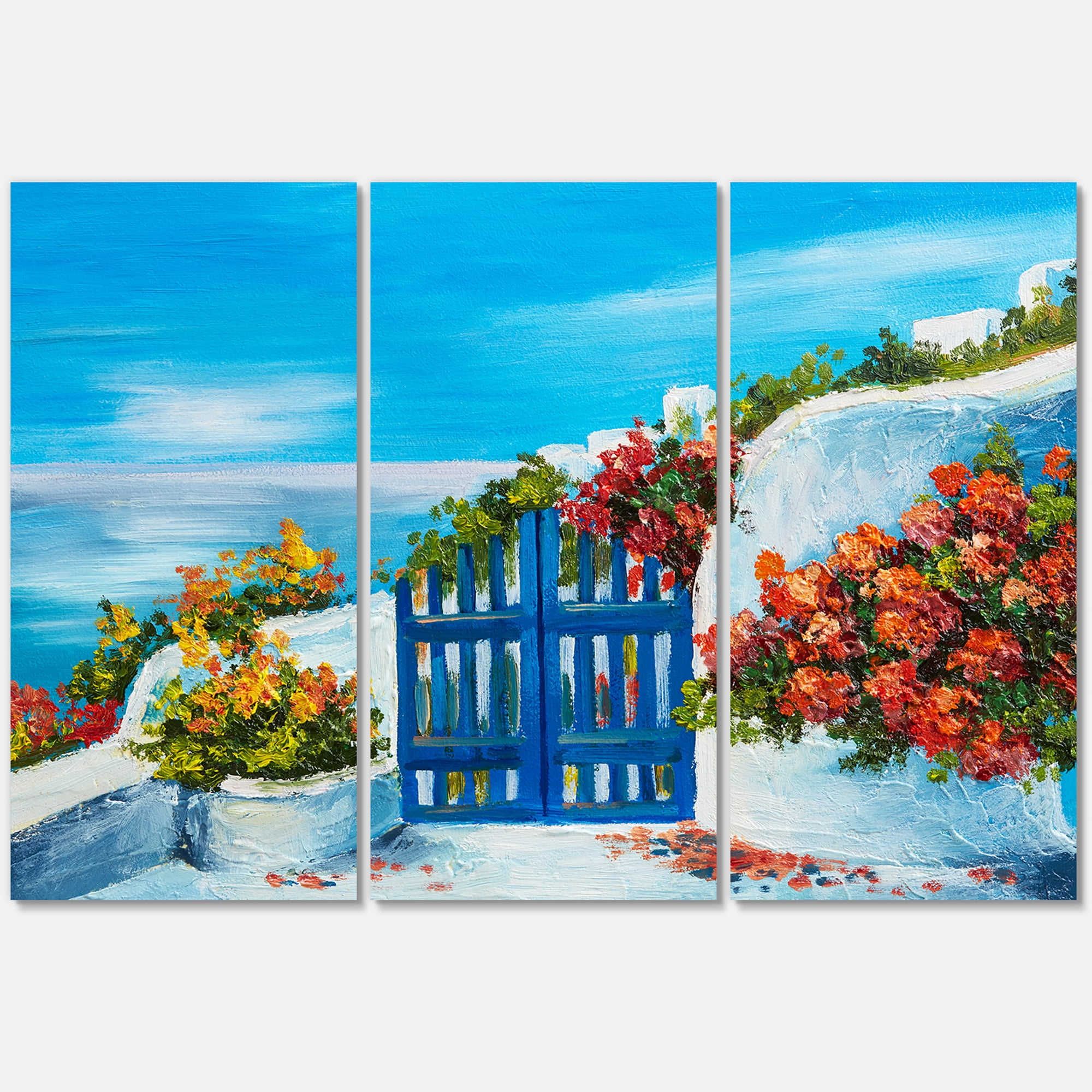 Pink Flowers With Traditional Greek House 36 in x 36 in Framed Painting  Canvas Art Print, by Designart