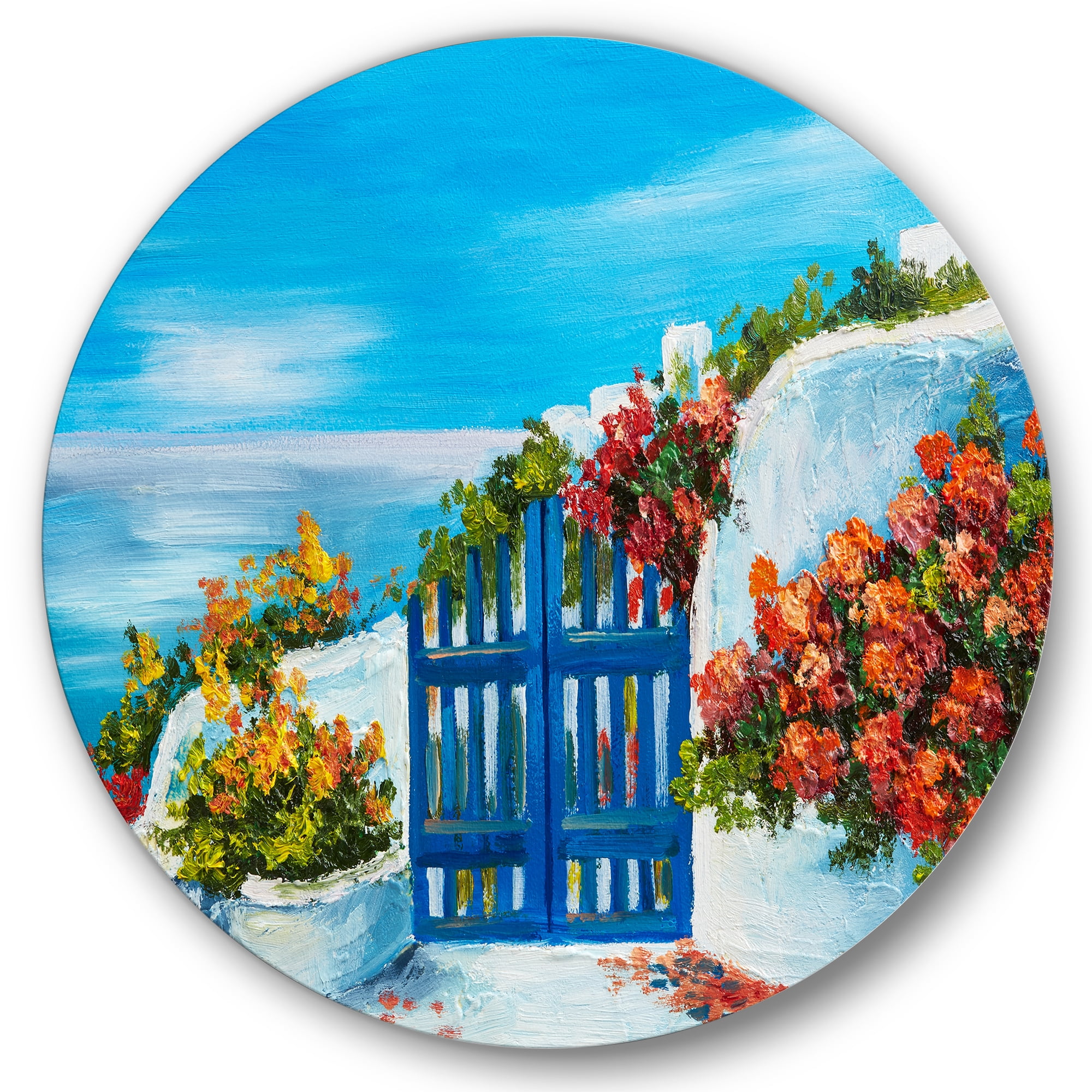 Designart 'House With Colorful Flowers Near The Sea III' Nautical & Coastal Circle Metal Wall Art 29x29 - Disc of 29