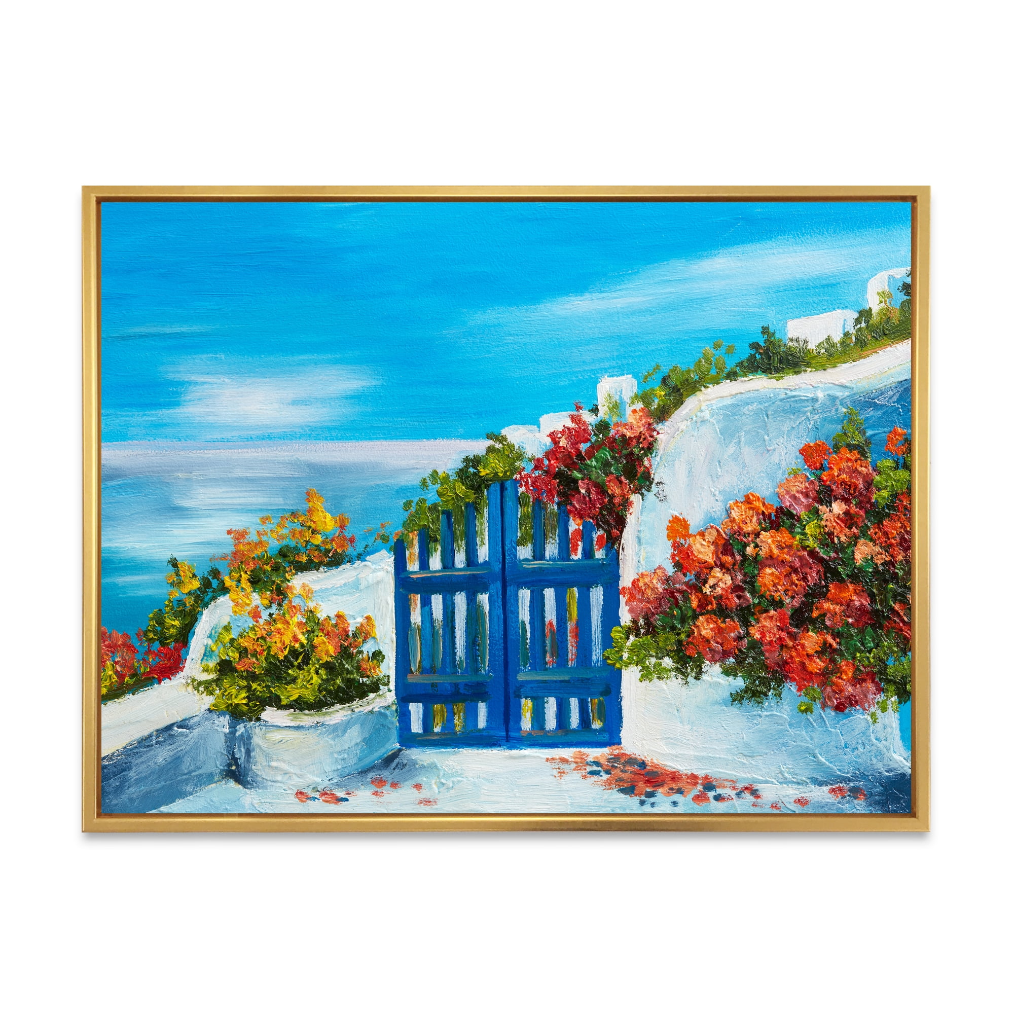 Designart 'House With Colorful Flowers Near The Sea III' Nautical & Coastal Framed Canvas Wall Art Print