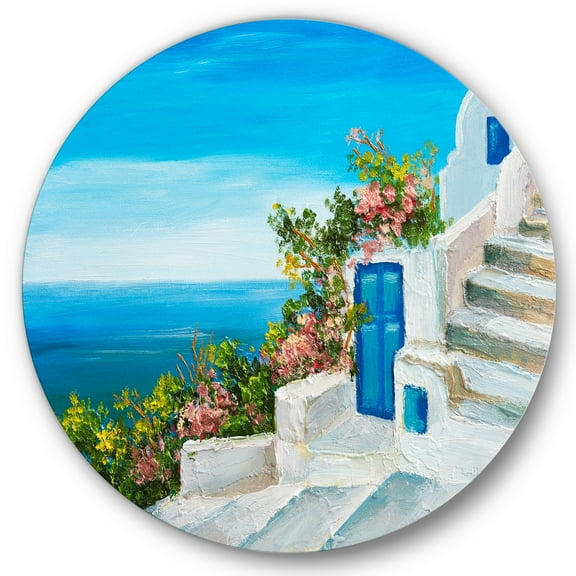 Designart 'House With Colorful Flowers Near The Sea IV' Nautical & Coastal Circle Metal Wall Art 36x36 - Disc of 36
