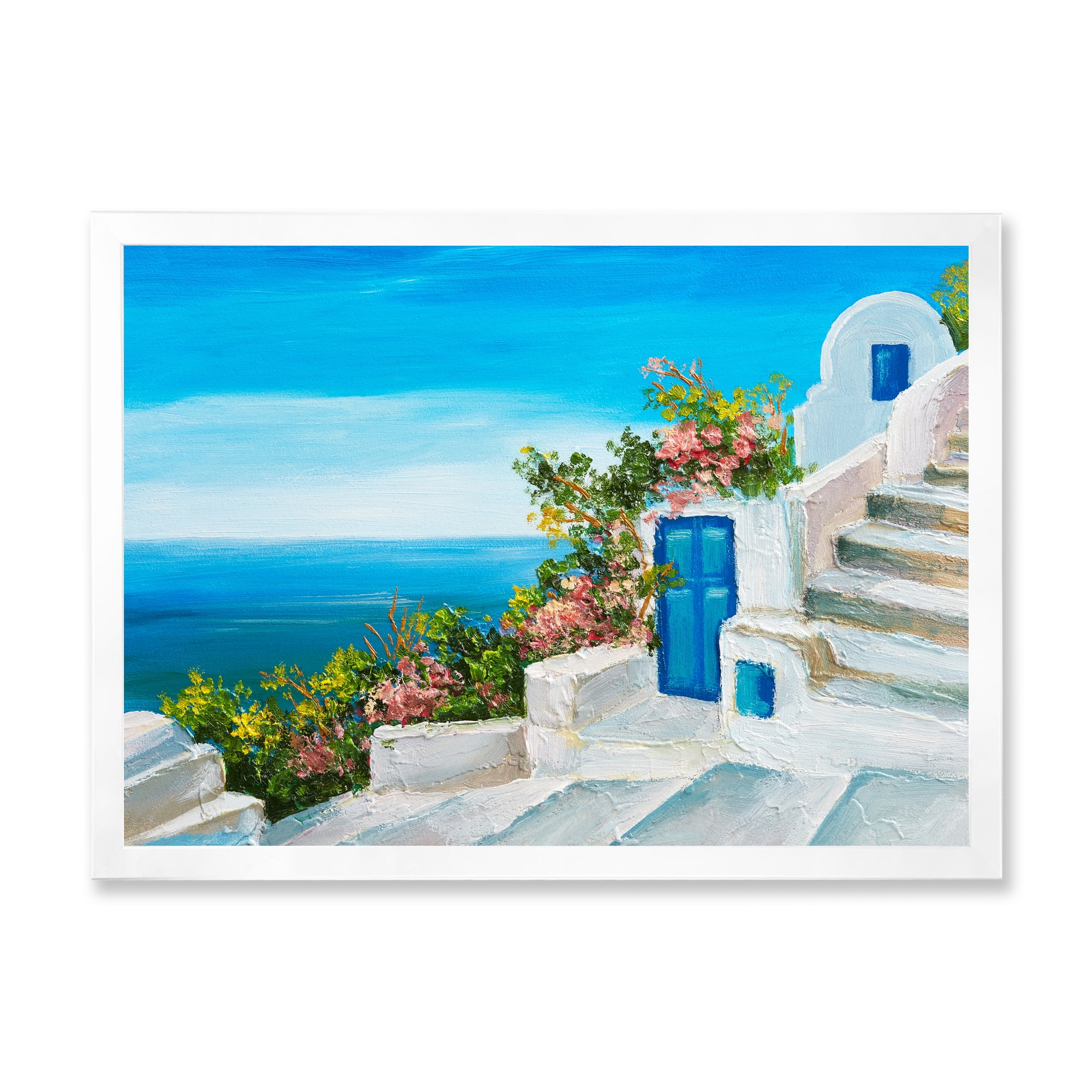 Designart 'House With Colorful Flowers Near The Sea IV' Nautical & Coastal Framed Art Print