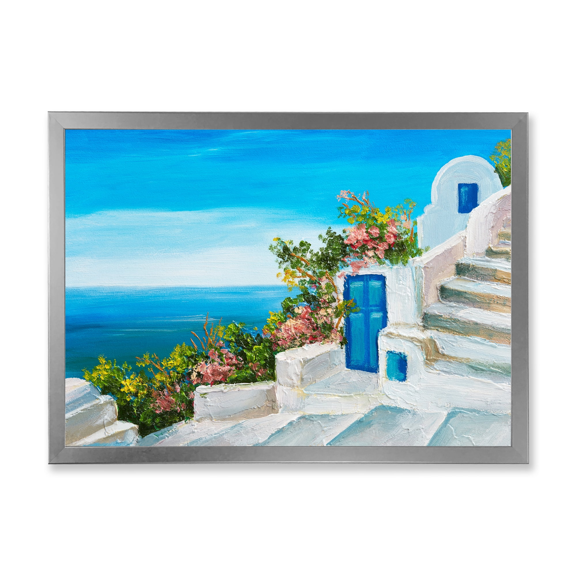 Designart 'House With Colorful Flowers Near The Sea IV' Nautical & Coastal Framed Art Print