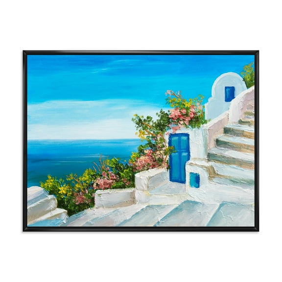Designart 'House With Colorful Flowers Near The Sea IV' Nautical & Coastal Framed Canvas Wall Art Print