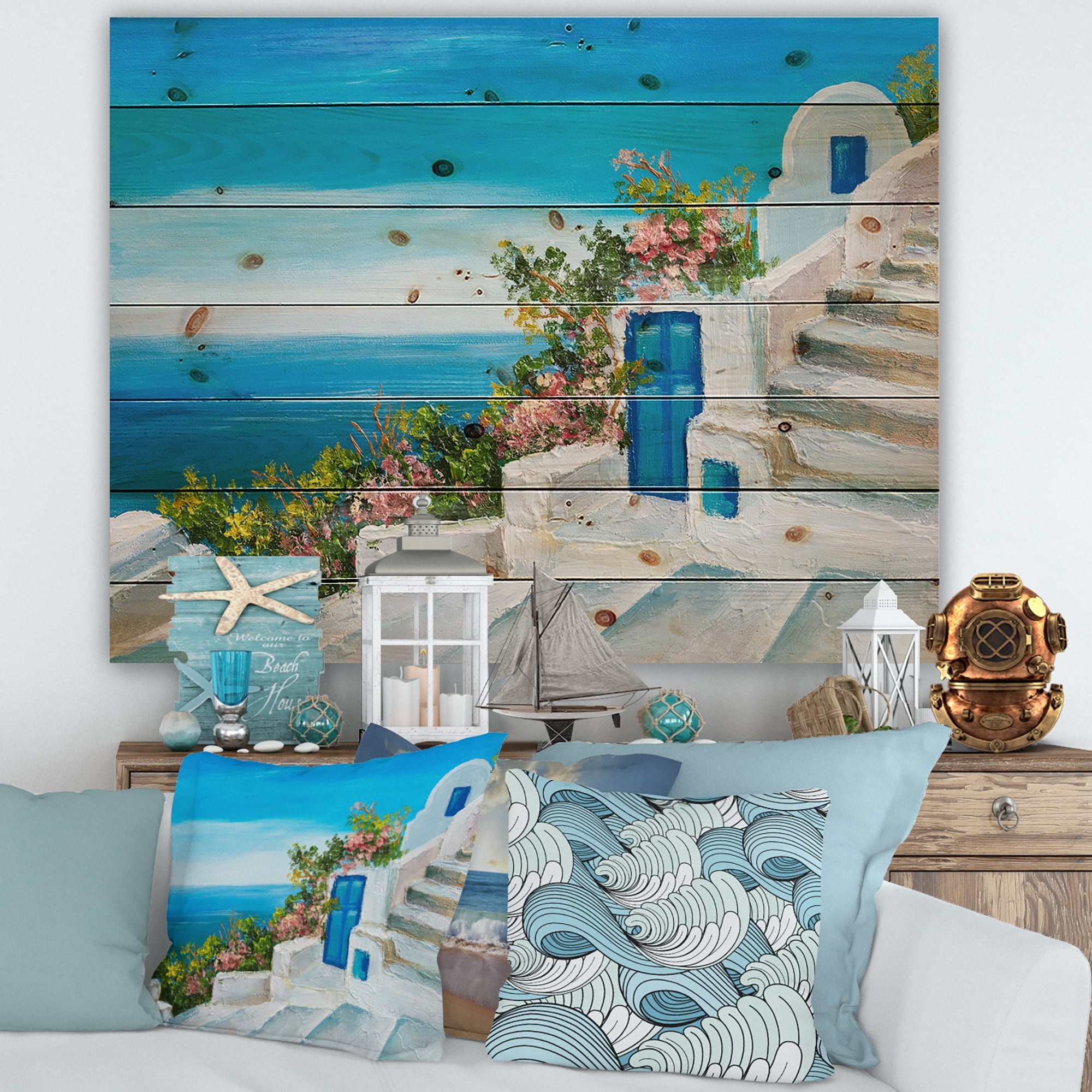 Designart 'House With Colorful Flowers Near The Sea IV' Nautical & Coastal Print on Natural Pine Wood