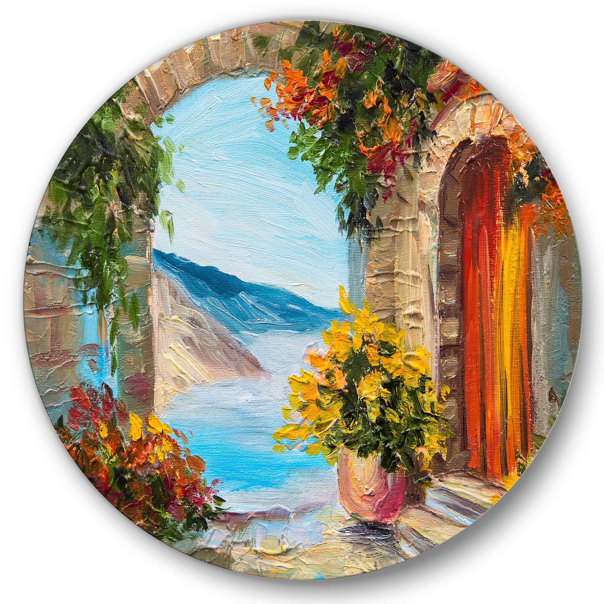 Designart 'House With Colorful Flowers Near The Sea Summer Season' Nautical & Coastal Circle Metal Wall Art 11x11 - Disc of 11