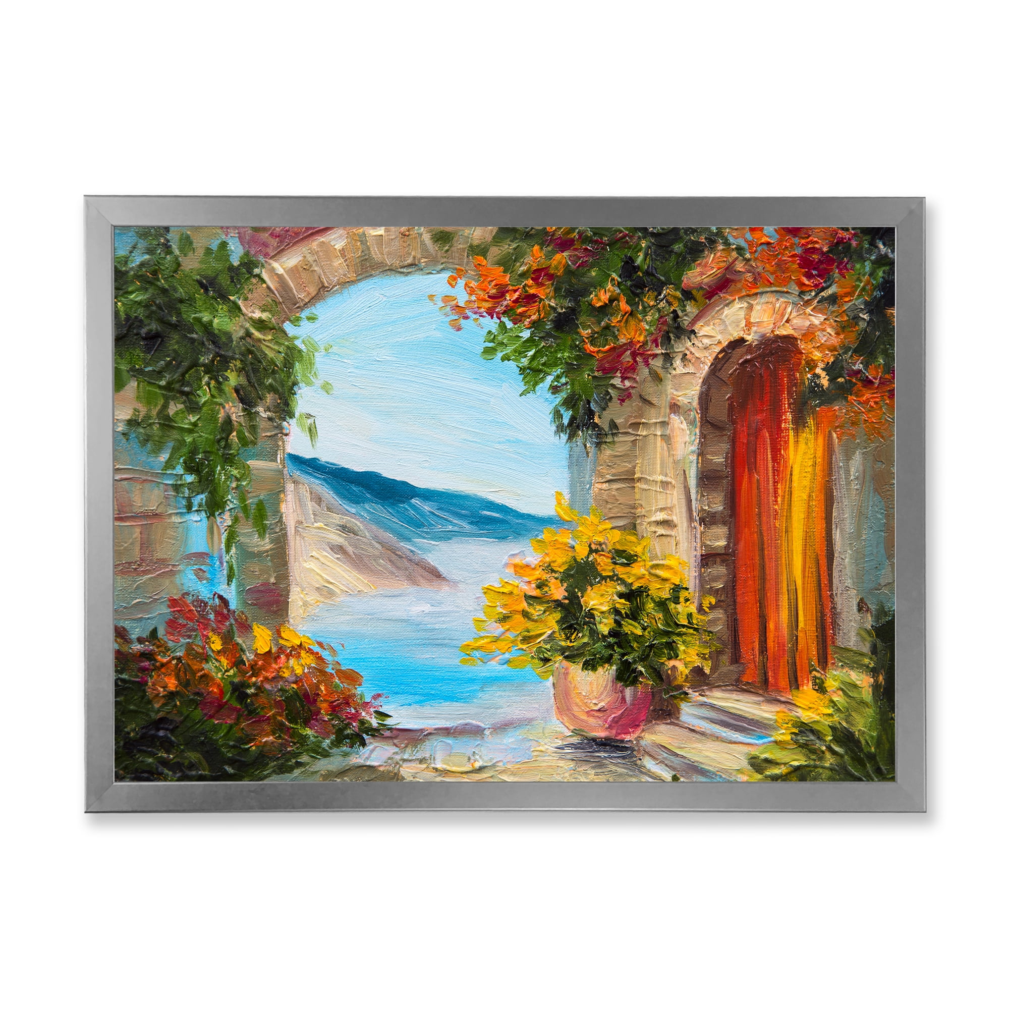 Designart 'House With Colorful Flowers Near The Sea Summer Season' Nautical & Coastal Framed Art Print