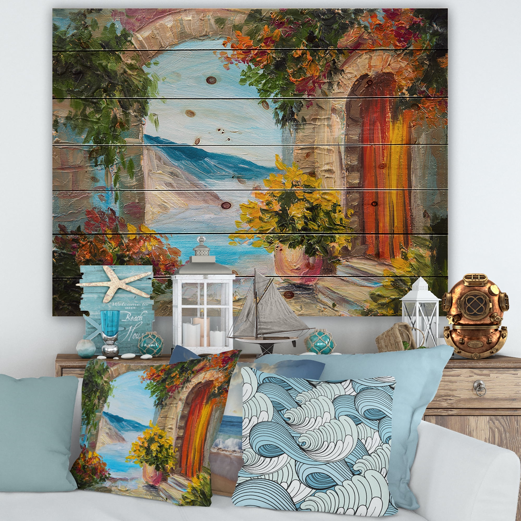 Designart 'House With Colorful Flowers Near The Sea Summer Season' Nautical & Coastal Print on Natural Pine Wood