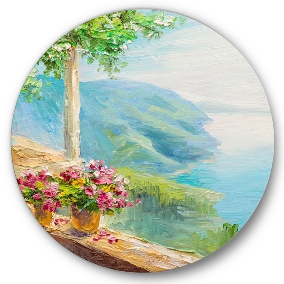 Designart 'House With Colorful Flowers Near The Sea V' Nautical & Coastal Circle Metal Wall Art 36x36 - Disc of 36