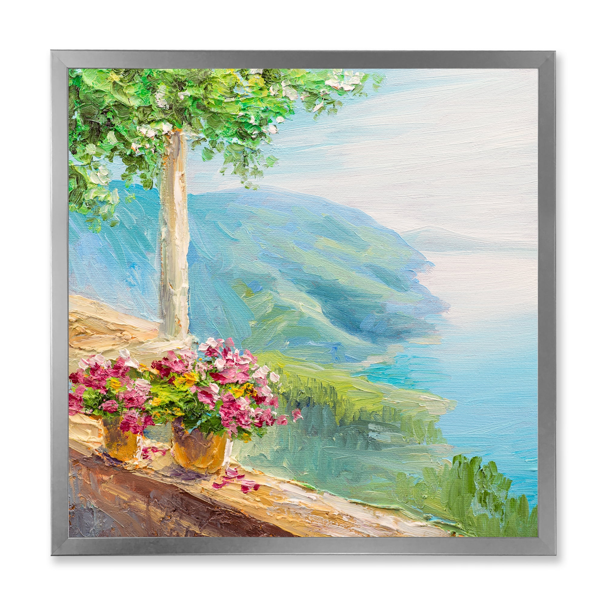 Designart 'House With Colorful Flowers Near The Sea V' Nautical & Coastal Framed Art Print