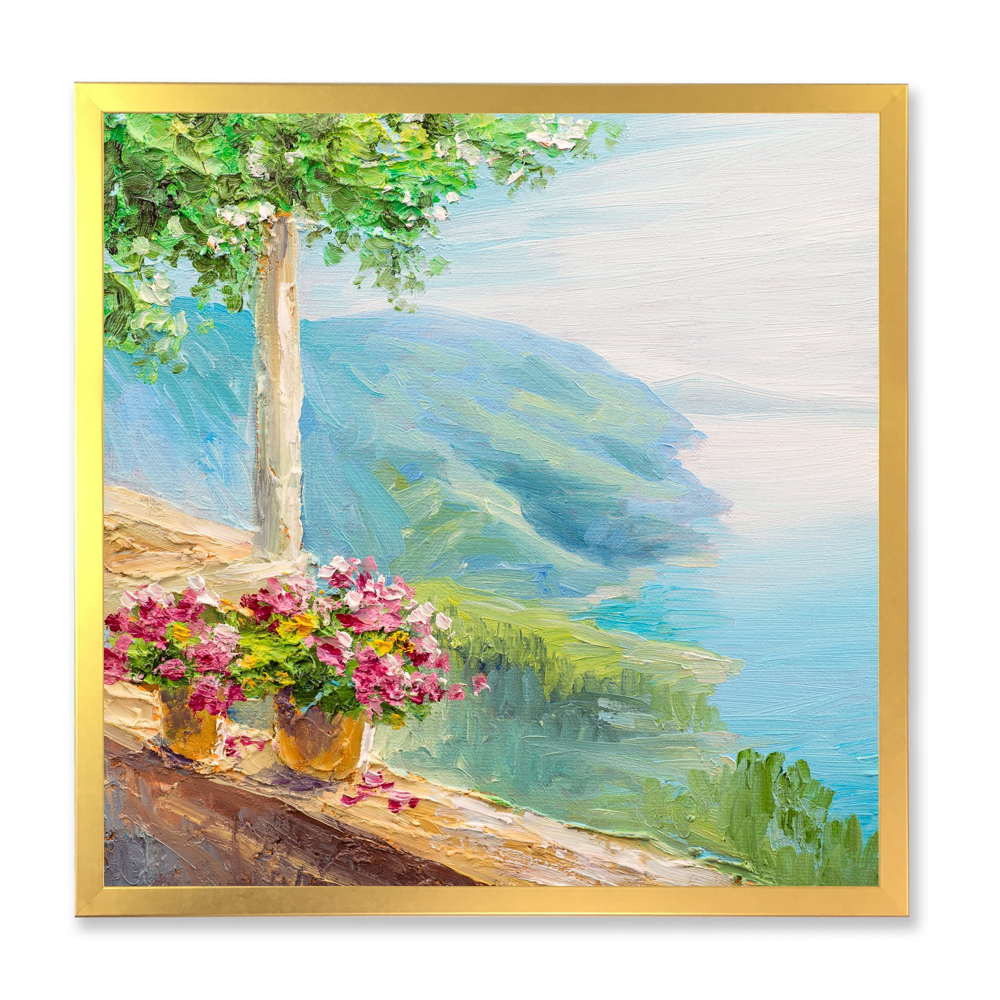 Designart 'House With Colorful Flowers Near The Sea V' Nautical & Coastal Framed Art Print