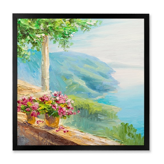 Designart 'House With Colorful Flowers Near The Sea V' Nautical & Coastal Framed Art Print