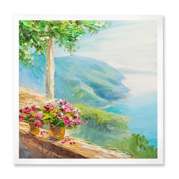 Designart 'House With Colorful Flowers Near The Sea V' Nautical & Coastal Framed Art Print
