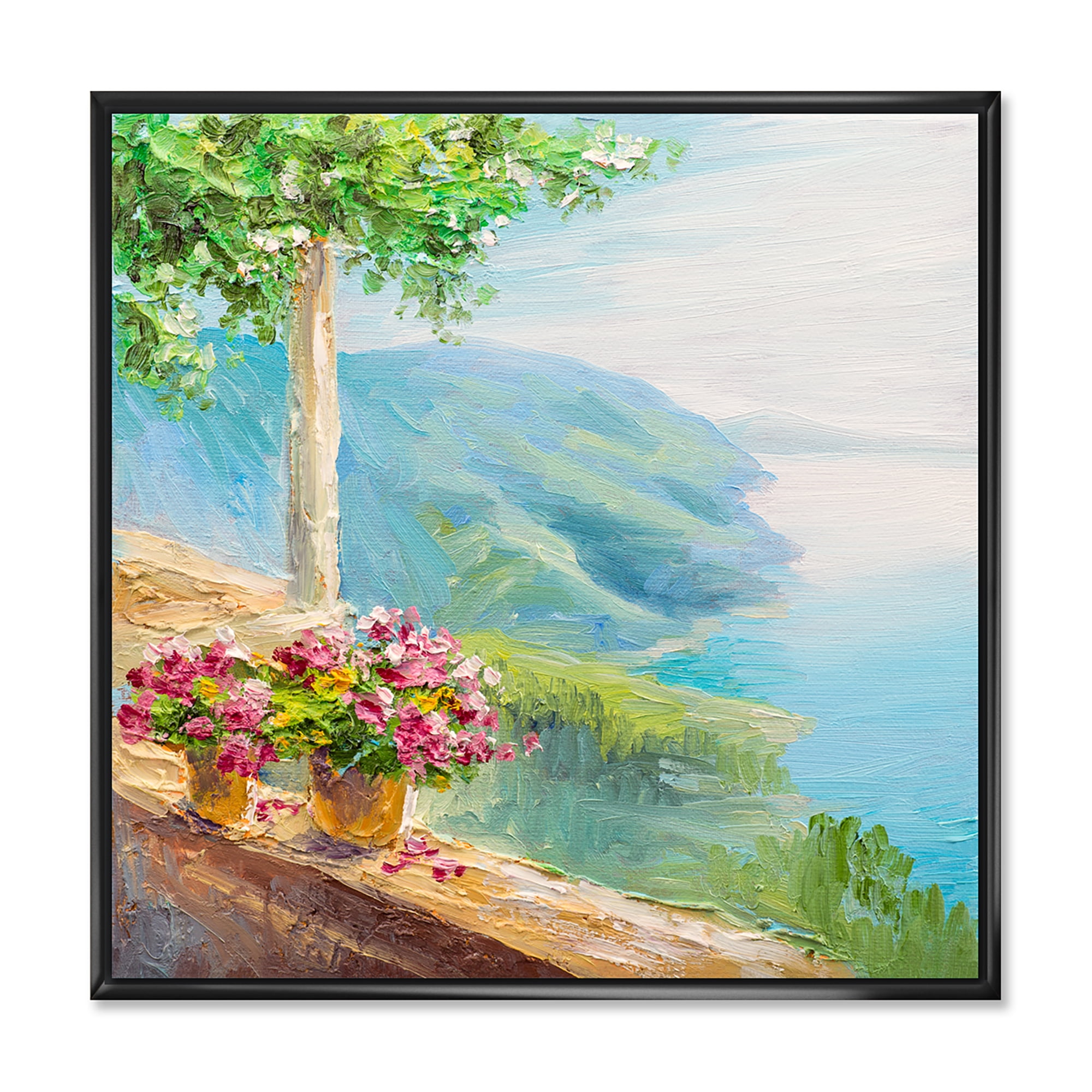 Designart 'House With Colorful Flowers Near The Sea V' Nautical & Coastal Framed Canvas Wall Art Print