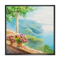 Designart 'House With Colorful Flowers Near The Sea V' Nautical & Coastal Framed Canvas Wall Art Print