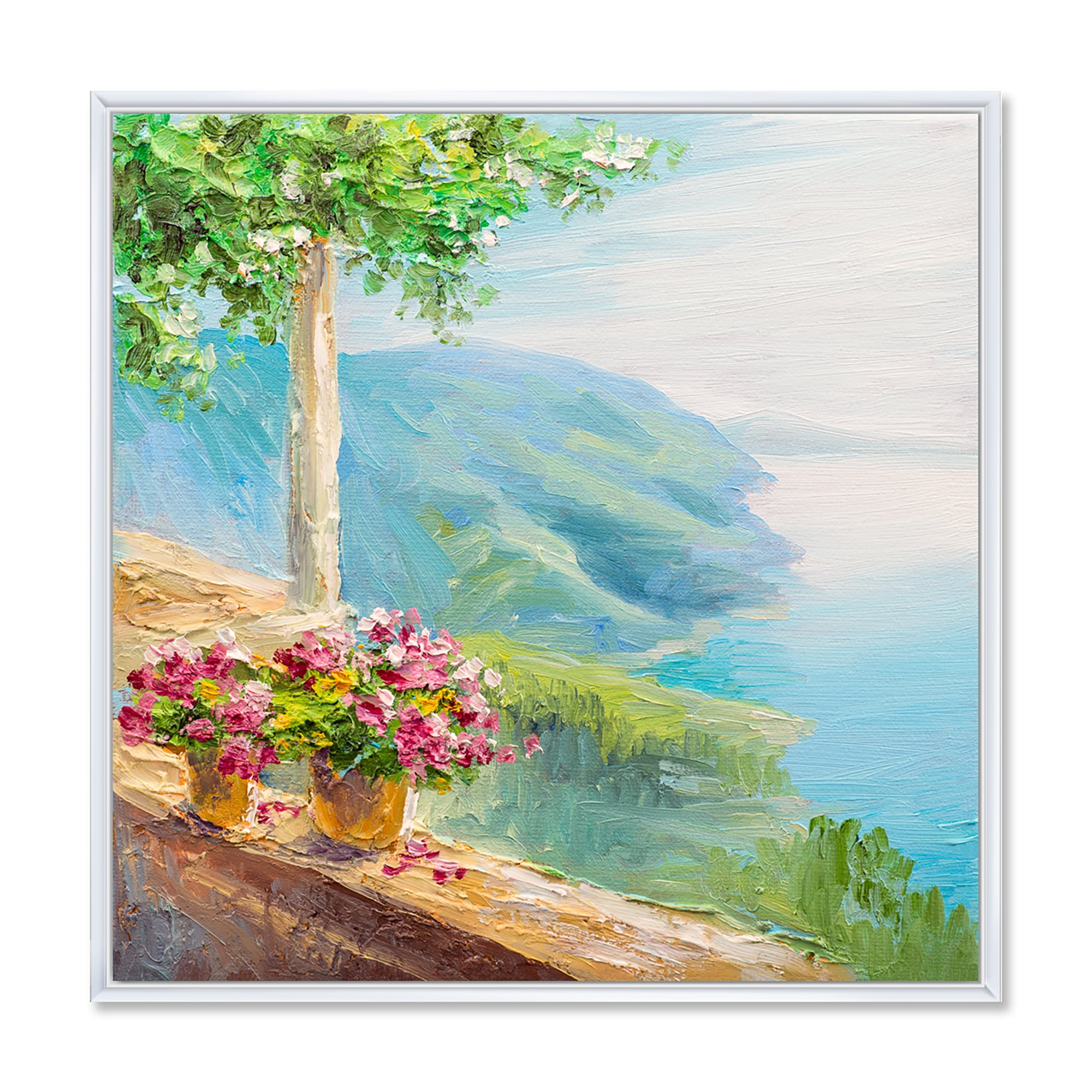 Designart 'House With Colorful Flowers Near The Sea V' Nautical & Coastal Framed Canvas Wall Art Print