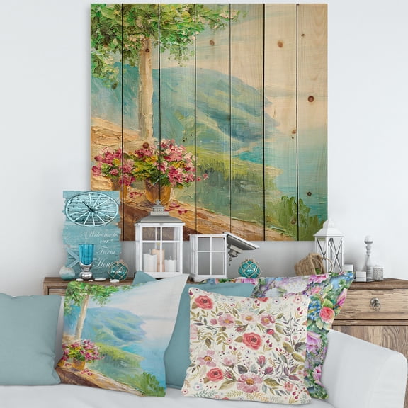 Designart 'House With Colorful Flowers Near The Sea V' Nautical & Coastal Print on Natural Pine Wood