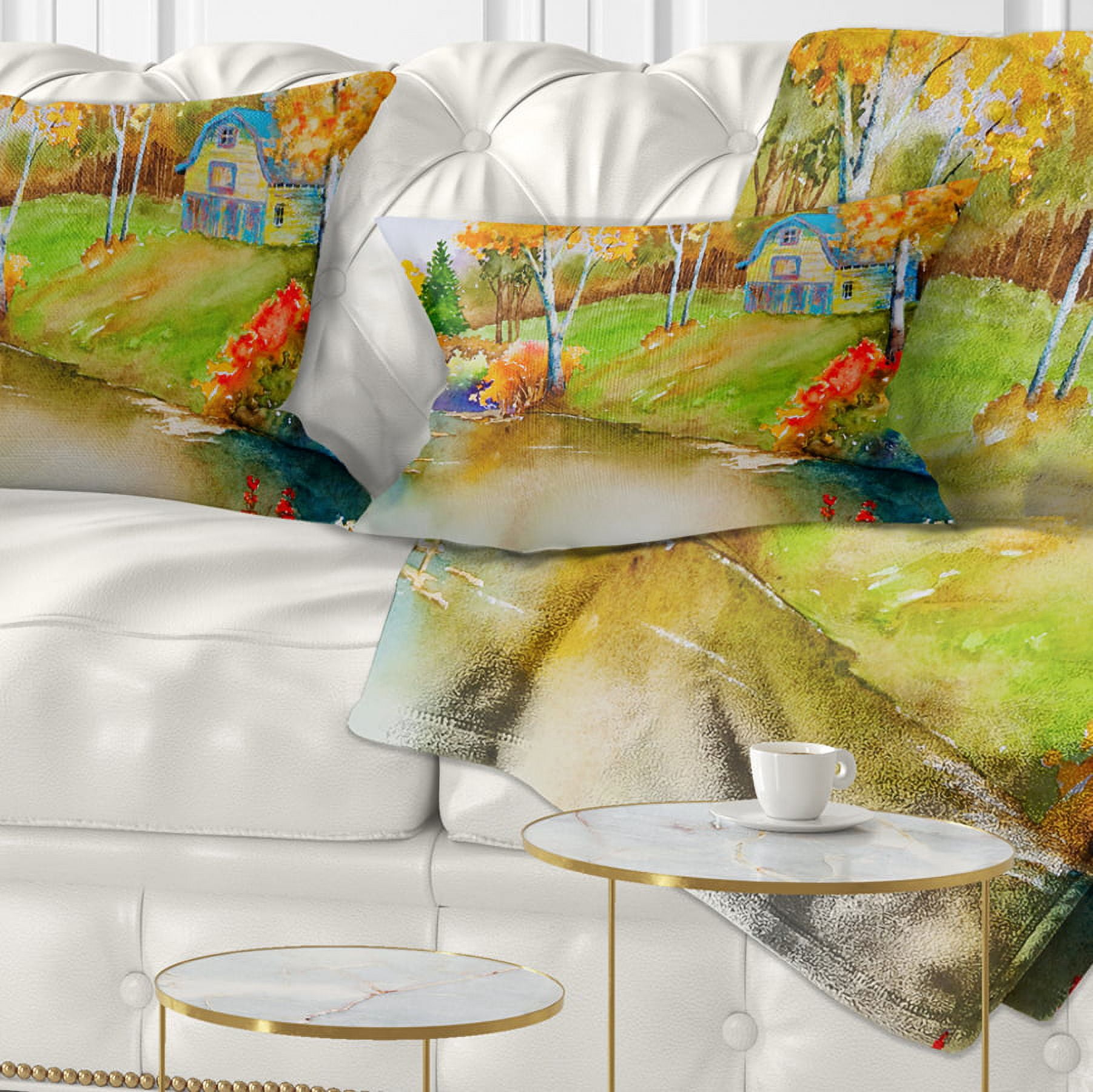 Designart House and Quiet Pond in Fall - Landscape Printed Throw Pillow - 12x20