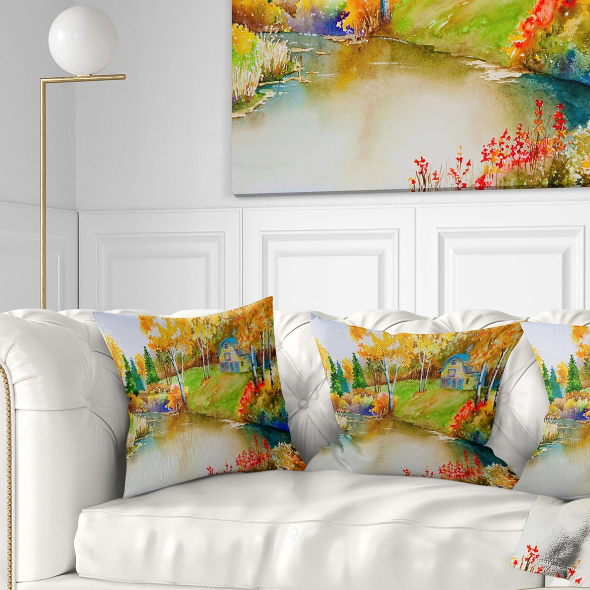 Designart House and Quiet Pond in Fall - Landscape Printed Throw Pillow - 16x16
