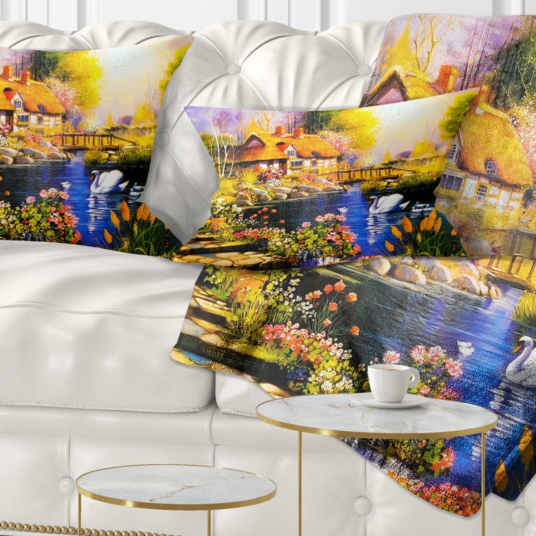 Designart House near the Lake Swans - Landscape Printed Throw Pillow - 12x20