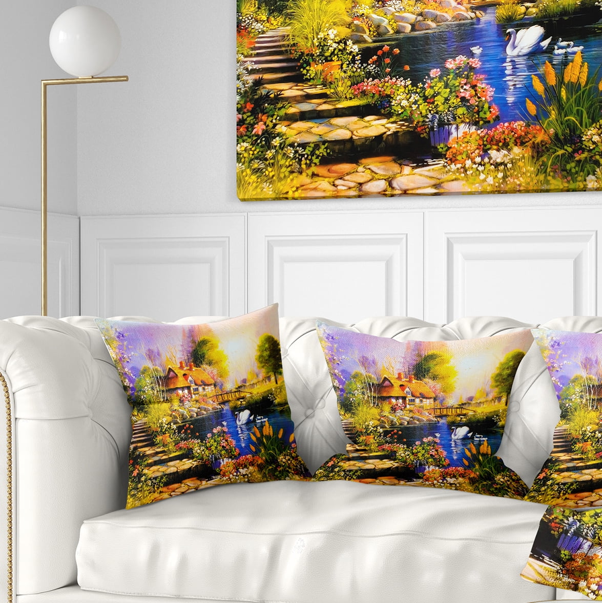 Designart House near the Lake Swans - Landscape Printed Throw Pillow - 18x18