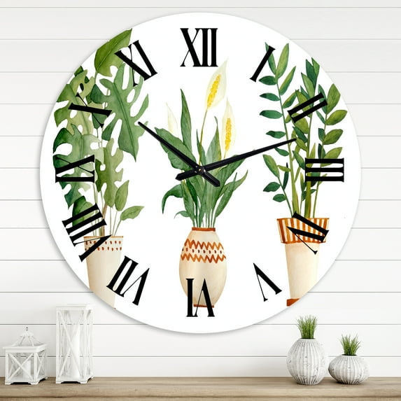 Designart 'Houseplant Monstera & Peace Lily In Terra Cotta' Farmhouse Wall Clock