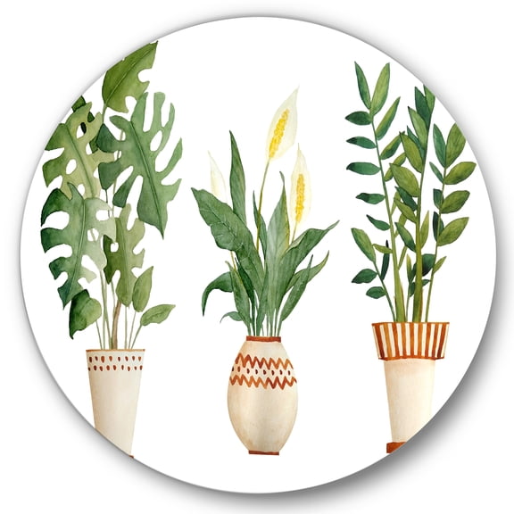 Designart 'Houseplant Peace Lily In Terra Cotta and Monstera' Farmhouse Circle Metal Wall Art 23x23 - Disc of 23