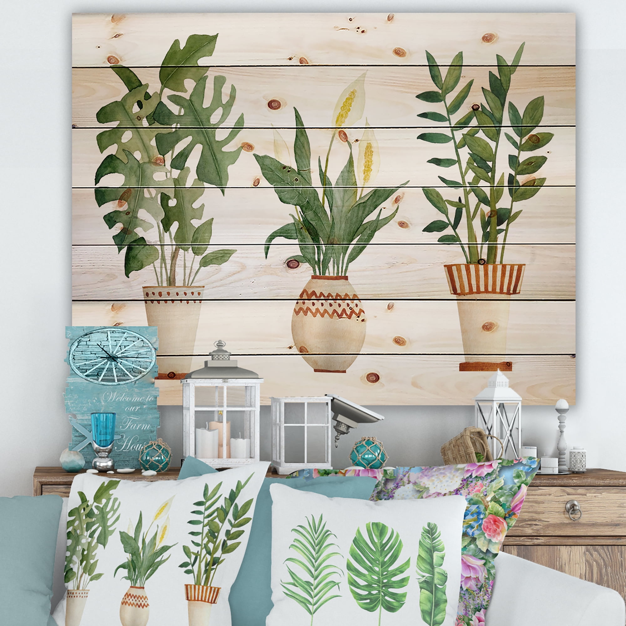 Designart 'Houseplant Peace Lily In Terra Cotta and Monstera' Farmhouse Print on Natural Pine Wood