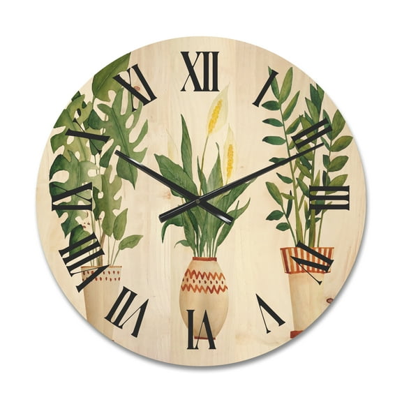 Designart 'Houseplant Peace Lily In Terra Cotta and Monstera' Farmhouse Wood Wall Clock