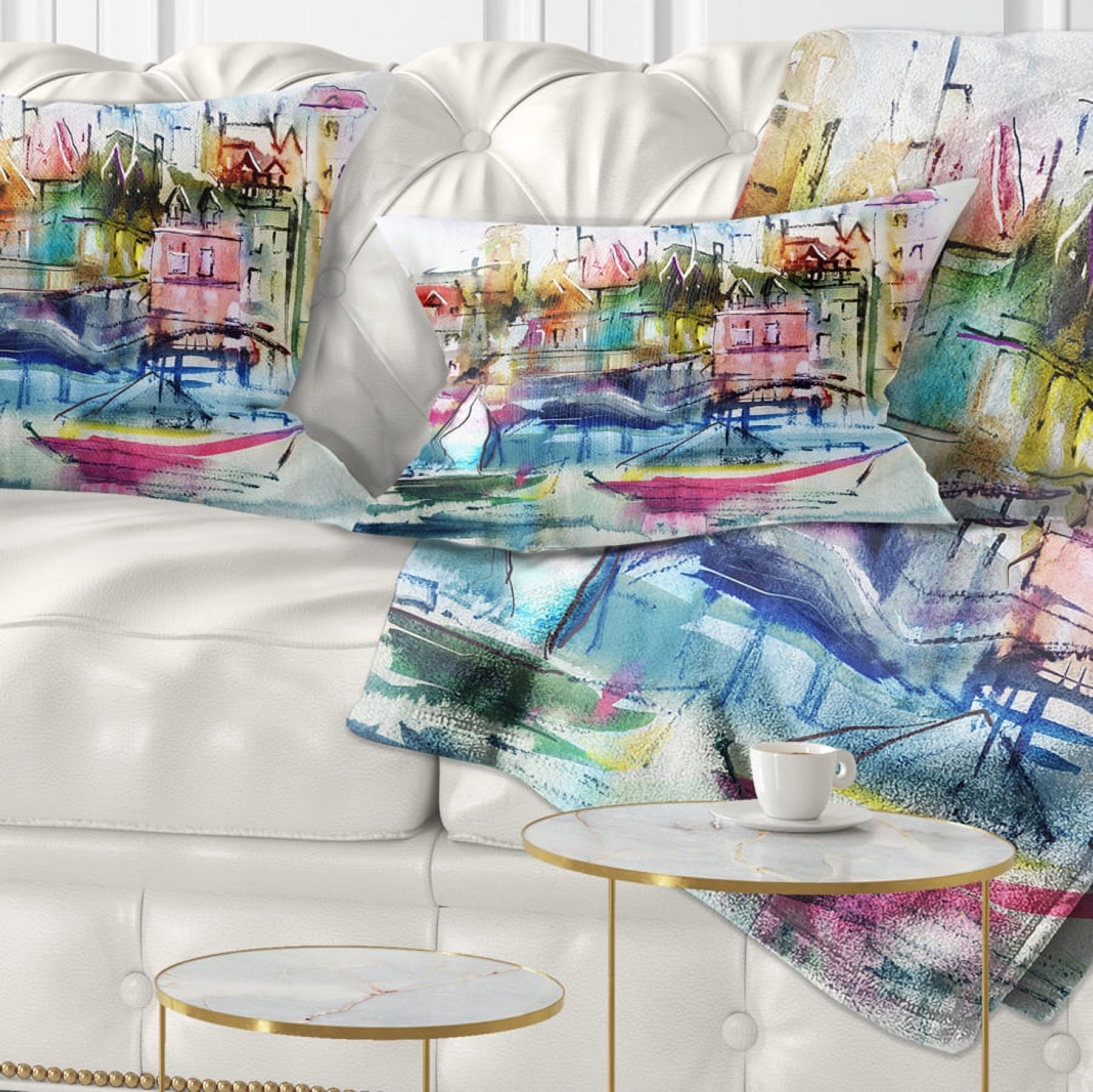 Designart Houses and Boats - Landscape Printed Throw Pillow - 12x20